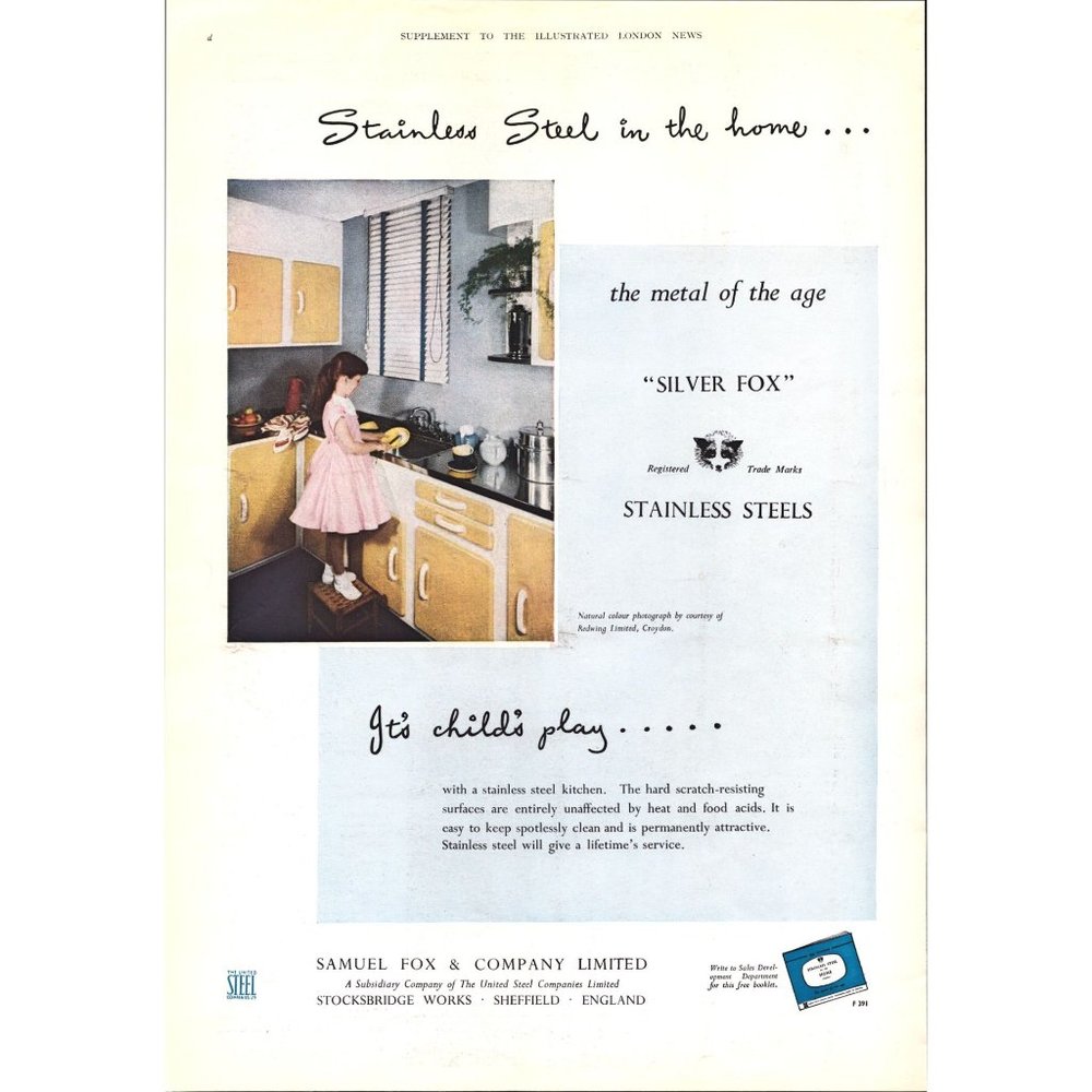 1957 Samuel Fox Silver Fox Stainless Steel Kitchens Vintage Print Ad Wall Art